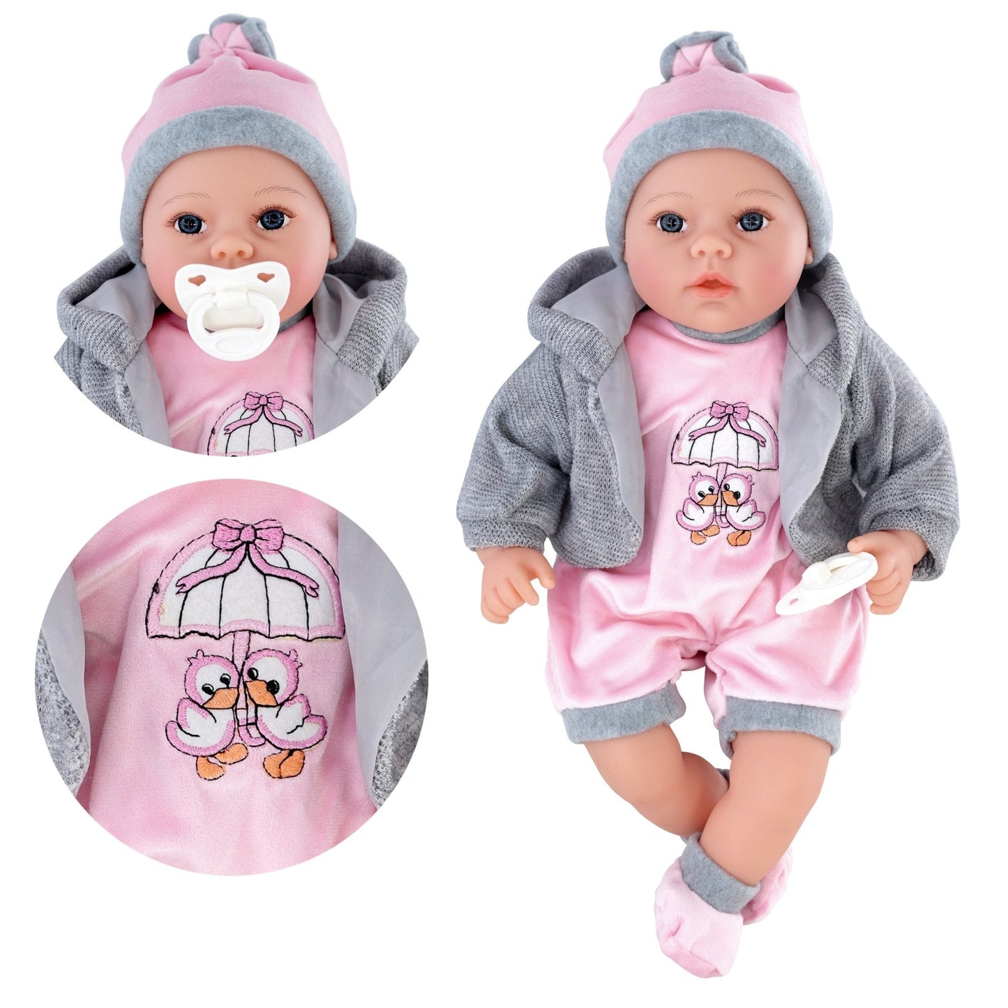 Baby Girl Doll With Dummy & Sounds Grey