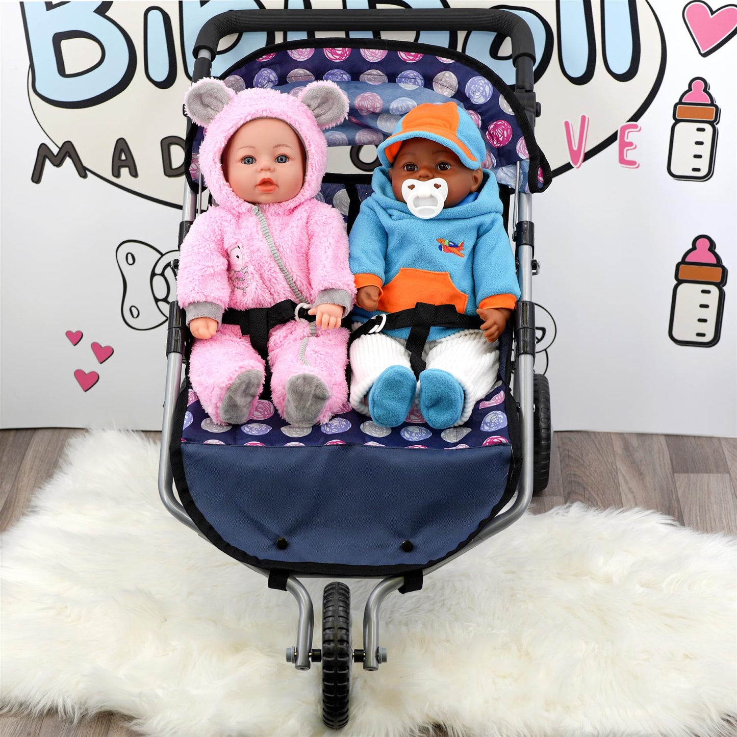 Blue Twin Dolls Stroller with Storage Basket