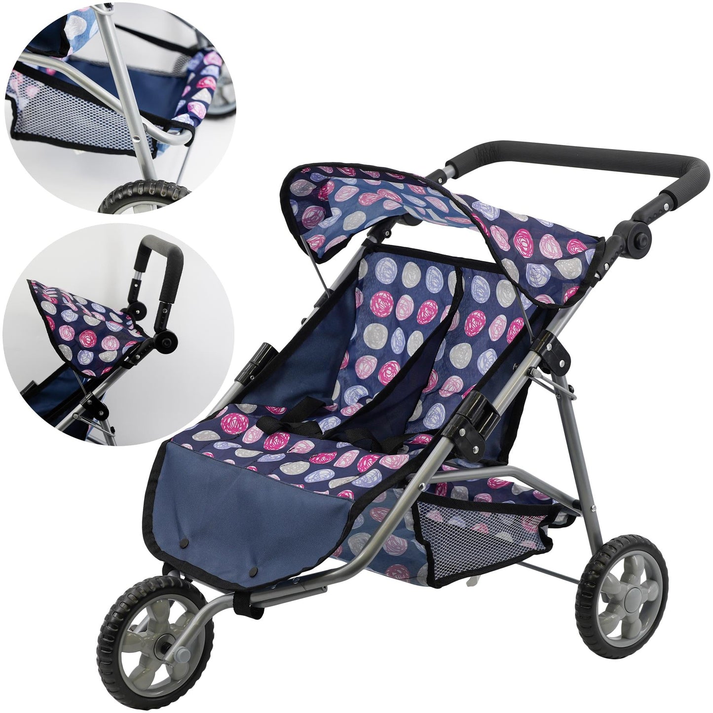 Blue Twin Dolls Stroller with Storage Basket
