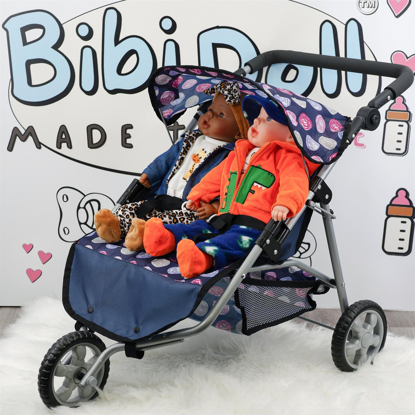 Blue Twin Dolls Stroller with Storage Basket