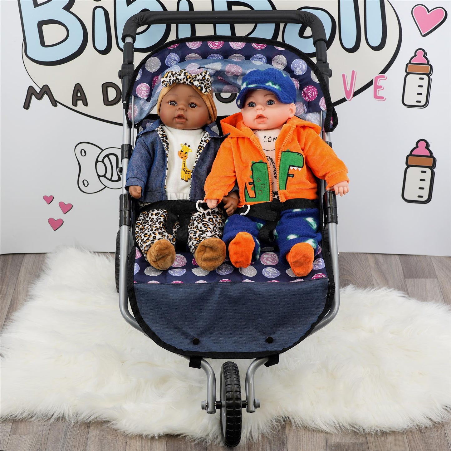 Blue Twin Dolls Stroller with Storage Basket
